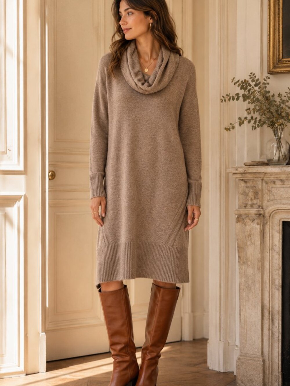Anthropologie Sonoran Sweater Dress Brown/Taupe M Wool Blend Cowl Neck Midi